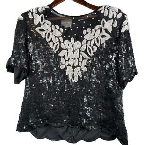 Vintage Stenay Plus 14 Womens Beaded Sequin Top Black White Pearl Silk Evening